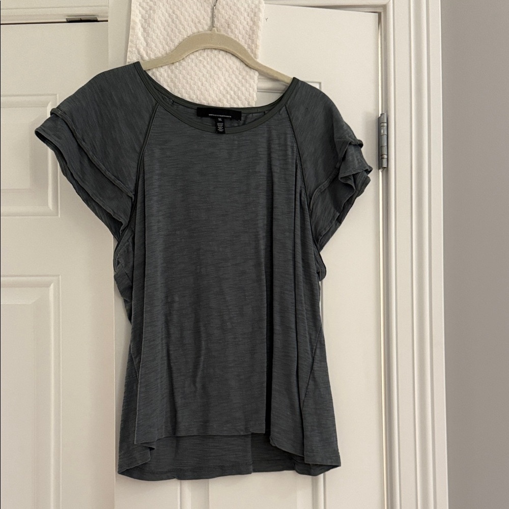 White House Black Market  Olive green Ruffle short Sleeve Top